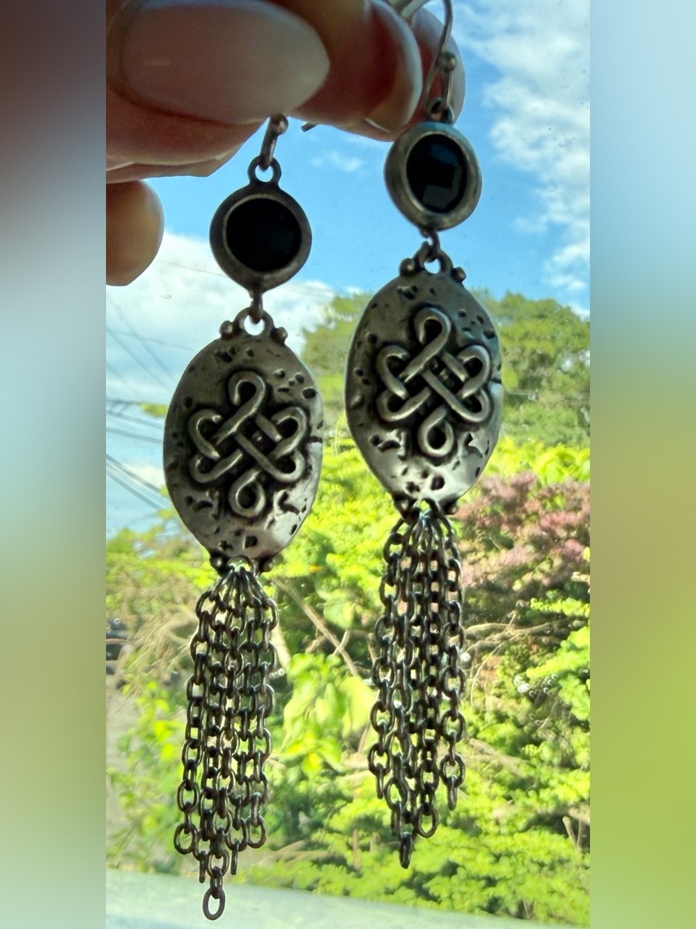 Grace Adele Tendril drop earrings black faceted w/ Boho Silver-Tone Celtic Knot
